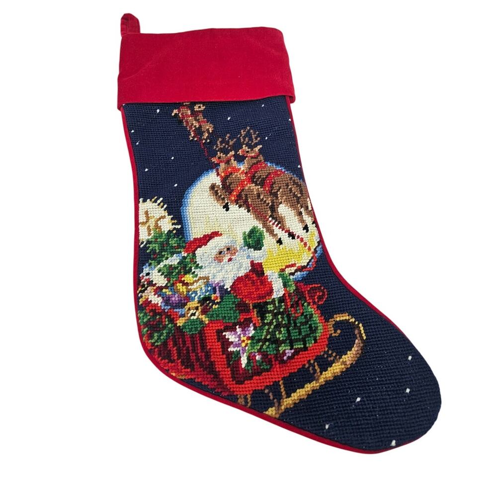 Vintage Needlepoint Santa Sleigh Christmas Stocking Wool Blend Traditional